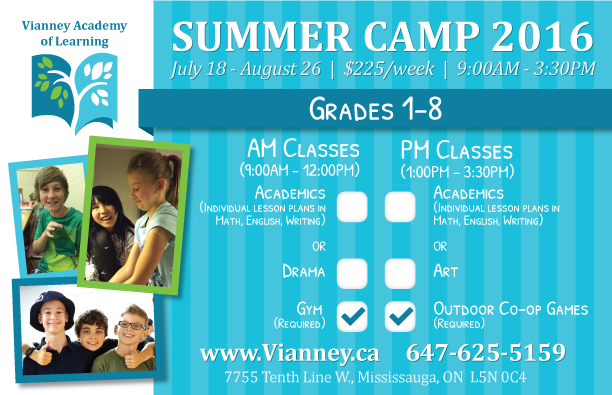 Vianney Summer Camp 2016 Flier - Grades 1-8 - July 18 - August 26 | $225/week | 9:00AM - 3:30PM