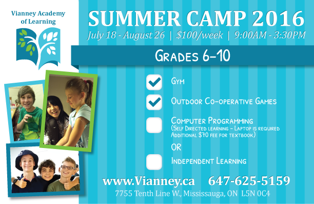 Vianney Summer Camp 2016 Flier - Grades 6-10 - July 18 - August 26  |  $100/week  |  9:00AM - 3:30PM
